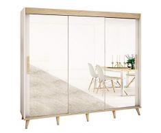 Kleiderschrank Skandi T3, mit Frontspiegel, Schubleden, Schwebetürenschrank im skandinavischen Stil Schlafzimmer Jugendzimmer Wohnzimmer Diele Flur Schrank (Weiß/Sonoma Eiche + Buche, Modell: 250)