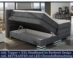 HG Royal XXL Roma Boxspringbett mit Bettkasten Designer Boxspring Bett LED Design GRAU Stoff Rechteck Design (Design Grau Stoff, 180x200cm)