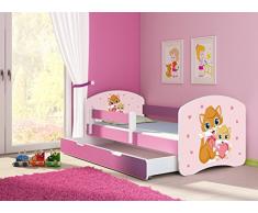 Clamaro Fantasia Pink 180 x 80 Kinderbett Set inkl. Matratze, Lattenrost und mit Bettkasten Schublade, mit verstellbarem Rausfallschutz und Kantenschutzleisten, Design: 33 Kätzchen