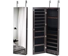 Grandma Shark An der Wand befestigter, in voller Länge verspiegelter Schmuckschrank, abschließbarer Schmuckorganisator mit eingebautem LED-Licht mit Schublade - Braun