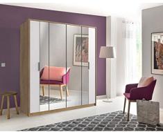 lifestyle4living Kleiderschrank in Plankeneiche-Nachbildung | Drehtürenschrank mit Absetzungen in weiß, 4-türig, Falttürenschrank mit Spiegeltür ca. 183 cm