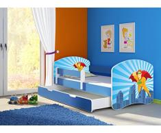 Clamaro Fantasia blau Motiv Kinderbett Komplett Set 160 x 80 cm inkl. Matratze, Lattenrost und Bettkasten Unterbett Schublade auf Rollen, Kantenschutzleisten umlaufend, extra Rausfallschutz Seitenteil (verstellbar), Seitenteile: