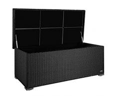 PREMIUM Sienna 650l Polyrattan Garten Kissenbox wetterfest (regnet nicht rein) 155 x 73 x 60 cm, Auflagenbox mit verstärktem Deckel und Gasdruckfedern, als Sitztruhe oder Tischplatte, Schwarz