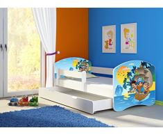 Clamaro Fantasia Weiß Motiv Kinderbett Komplett Set 160 x 80 cm inkl. Matratze, Lattenrost und Bettkasten Unterbett Schublade auf Rollen, Kantenschutzleisten umlaufend, extra Rausfallschutz Seitenteil (verstellbar), Seitenteile: