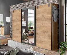 lifestyle4living Kleiderschrank in Plankeneiche-Dekor mit Absetzungen in Graphit, Schwebetüren-Schrank mit viel Stauraum im modernen Industrial Design, 270cm