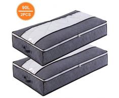 Lvelfe Unterbett Aufbewahrungstasche 90L Groß Unterbettkommode Kleideraufbewahrung Atmungsaktiv Stoff Faltbare Aufbewahrung mit Klarem Fenster für Bettdecken Kleidung Bettzeug Decken Kissen, 2 Stück