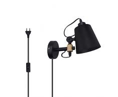 Luxvista Wandlampe Vintage industrielle Wandleuchte aus Metall und Holz in Schwarz Leselampe mit Schalter und Stecker E27 Fassung Nachtlicht für Schlafzimmer,Wohnzimmer