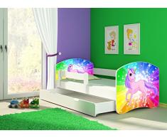 Clamaro Fantasia Weiß 140 x 70 Kinderbett Set inkl. Matratze, Lattenrost und mit Bettkasten Schublade, mit verstellbarem Rausfallschutz und Kantenschutzleisten, Design: 18 Einhorn Regenbogen