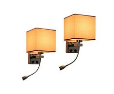 Nachttisch Wandlampe x2 moderne LED Leselampe Schlafzimmer Schlauch Kipphebel Leselampe Quadrat Beige Stoff Lampenschirm Design mit Knopf Schalter Wohnzimmer Balkon Gang E27 Lampe / 17 * 17 * 27cm