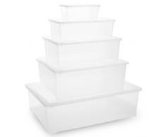 Durchsichtige Unterbettboxen aus Kunststoff, leicht stapelbar, Aufbewahrung, Deckel und Verschluss-Clips, 5 Boxes, Size 1) 19.5 x 15 x 9