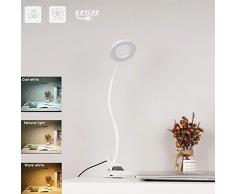 Schreibtischlampe EYOCEAN 7W Leselampe LED Klemmlampe, CE Adapter Enthalten, Augenpflege, Dimmbar 3 Modi & 10 Dimmstufen, für Büro Heimgebrauch mit 1.6M USB Ladekabel, Weiß