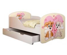 Clamaro Traumland Motiv Kinderbett 80 x 160 cm inkl. Matratze, Lattenrost und Bettkasten Schublade auf Rollen, Kantenschutzleisten und Rausfallschutz, Motiv: 12 - Hunde Herz Motiv
