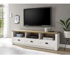 Lowboard Tesorino I Holznachbildung Pinie Weiss Applikationen Eiche hell 160x47x43cm Board TV-Schrank Fernsehschrank Fernsehboard Schrank modern