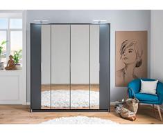 lifestyle4living Kleiderschrank in Aluminium-Nachbildung | Drehtürenschrank mit Absetzungen in Graphit, 4-türig, Falttürenschrank mit Spiegeltür ca. 183 cm