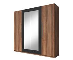 Drehtürenschrank mit Spiegel Vera, Modernes Garderobe, 228 x 214 x 58 cm, Elegantes Kleiderschrank, 4-türig Schlafzimmerschrank, Schlafzimmer, (Nuss Rot/Schwarz)