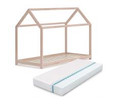 VitaliSpa Hausbett Wiki Weiß Kinderbett Kinderhaus Kinder Bett Holz Matratze (Natur Lackiert, 90 x 200 cm + Matratze)