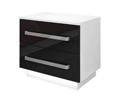 Bingo-Shop Nachttisch LED Nachtkommode Hochglanz Nachtschrank Beleuchtung Nachtkommode 55 x 37 x 49 cm Weiß-Schwarz Schlafzimmer LED-Beleuchtung 2 Schubladen V97