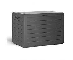 Auflagenbox Kunststoff Holzoptik Griffe klappbarer Deckel Truhe Balkonbox Gartenbox Kissenbox Balkon Garten anthrazit