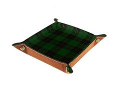 FCZ Dunkelgrünes Kariertes Leder-Tablett für den Nachttisch, Aufbewahrungsbox für Schmuck, Schlüssel, Münzen, Süßigkeiten