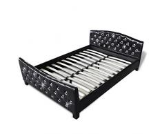 Tidyard Bettgestell Doppelbett Hochglanz-Bettrahmen mit Holz Lattenrost Kunstlederpolster Gästebett mit Zierknöpfen, Passende Matratzengröße 140 x 200 cm Schwarz