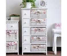 Lindhb Nachttisch Holzschubladen Rattan Korb Schlafzimmer Wohnzimmer Wohnmöbel Aufbewahrung Kommode Nachttisch Weiß für Wohnzimmer Schlafzimmer (Color : White, Size : Five Floors)