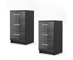 Vicco Nachtschrank Kommode Boxspringbett Nachttisch Nachtkommode Kommode Schrank - 3 Schubladen - 66cm hoch (Schwarz Hochglanz Front, Paar (2er Set))