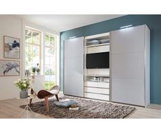 lifestyle4living Kleiderschrank in Weiß - Außentüren in Grau, Schwebetüren-Schrank mit 3 Schubkästen und drehbarem TV-Element, 300 cm