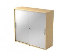 BÜMÖ® Schiebetürenschrank mit Schloss | Aktenschrank abschließbar für Ordner | Büroschrank mit Schiebetüren für Akten in Ahorn/Silber