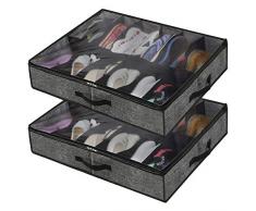 homyfort 2 Stück Unterbett-Kommode für Schuhe mit Durchsichtigem Deckel - Schuhaufbewahrungstasche Starke Aufbewahrungskiste für Schuhaufbewahrung mit 12 Fächern, Leinen Schwarz, XAUBSB2P