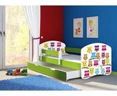 Clamaro Fantasia Grün Motiv Kinderbett Komplett Set 160 x 80 cm inkl. Matratze, Lattenrost und Bettkasten Unterbett Schublade auf Rollen, Kantenschutzleisten umlaufend, extra Rausfallschutz Seitenteil (verstellbar), Seitenteile: Grün, Design: 31 Eulen