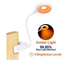Leselampe Bett Klemme,16 LED Buchlampen USB Wiederaufladbar Klemmleuchte 5 Helligkeit Dimmbar 360° Flexibel Klemmlampe Augenschutz Bernstein Nachttischlampe Nachttischlampe