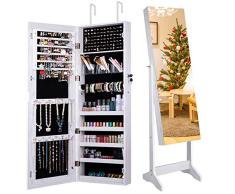 Camabel Schmuckschrank mit Spiegel 152x36.5x10cm Abschließbarer Spiegelschrank Standspiegel mit Innenspiegel und klappbarer Innenablage für Make-up Weiß