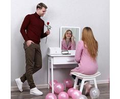 SONGMICS Moderner Schminktisch Kosmetiktisch Frisiertisch mit Rechteckigem Spiegel Sitzhocker mit Konkaver Sitzfläche gratis Kosmetikorganizer 1 Schublade mit Laufschiene,Weiß RDT21W