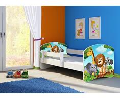 Clamaro Fantasia Weiß Motiv Kinderbett Komplett Set 160 x 80 cm inkl. Matratze und Lattenrost, Kantenschutzleisten umlaufend, extra Rausfallschutz Seitenteil (verstellbar), Seitenteile: Weiß, Design: 02 Tierpark-2