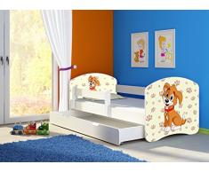 Clamaro Fantasia Weiß Motiv Kinderbett Komplett Set 140 x 70 cm inkl. Matratze, Lattenrost und Bettkasten Unterbett Schublade auf Rollen, Kantenschutzleisten umlaufend, extra Rausfallschutz Seitenteil (verstellbar), Seitenteile: Weiß, Design: 11 Welpe