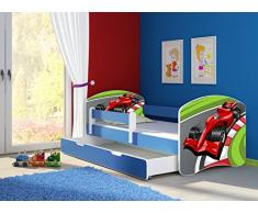 Clamaro Fantasia blau Motiv Kinderbett Komplett Set 160 x 80 cm inkl. Matratze, Lattenrost und Bettkasten Unterbett Schublade auf Rollen, Kantenschutzleisten umlaufend, extra Rausfallschutz Seitenteil (verstellbar), Seitenteile: