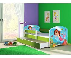 Clamaro Fantasia Grün Motiv Kinderbett Komplett Set 160 x 80 cm inkl. Matratze, Lattenrost und Bettkasten Unterbett Schublade auf Rollen, Kantenschutzleisten umlaufend, extra Rausfallschutz Seitenteil (verstellbar), Seitenteile: