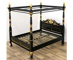 Moreko Himmelbett Massiv-Holz Mahagoni Bett 160 x 200 cm Antik-Stil schwarz - Gold