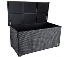 PREMIUM Venezia 950 L Polyrattan Garten Kissenbox wetterfest (regnet nicht rein) 146 x 83 x 80 cm, Auflagenbox mit verstärktem Deckel und Gasdruckfedern, auch als Tischplatte geeignet, Schwarz