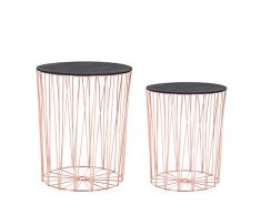 HOMCOM Beistelltisch mit Stauraum, 2er Set, Metall Korb mit Holzdeckel, Nachttisch, Rosa Gold, Ø40,7 x 49,5 cm, Ø33,8 x 40,8 cm