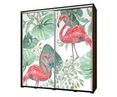 Selsey Flamingos - Kleiderschrank 2-türig Schiebetüren mit Monstera-Flamingo-Motiv 205cm (Korpus in dunkler Holzoptik/Wenge matt)