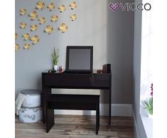 Vicco Schminktisch MIA 76 x 100 cm schwarz mit Sitzbank- Frisiertisch Kommode Spiegel +++ Schminkkommode mit Schubfach und einklappbaren Spiegel +++ (Schminktisch mit Bank) (Schwarz)