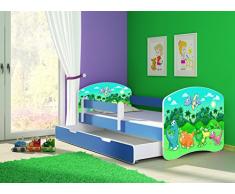 Clamaro Fantasia blau Motiv Kinderbett Komplett Set 160 x 80 cm inkl. Matratze, Lattenrost und Bettkasten Unterbett Schublade auf Rollen, Kantenschutzleisten umlaufend, extra Rausfallschutz Seitenteil (verstellbar), Seitenteile: