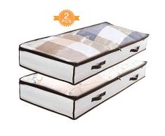 GEEDIAR Unterbett Aufbewahrungstasche - 2 Stück Unterbettkommode Kleideraufbewahrung Atmungsaktiv mit Sichtfenster für Bettwäsche, Kleidung, Decken, Kissen, Bettzeug Faltbare, Beige, 105 x 50 x 15cm