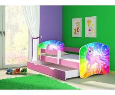 Clamaro Fantasia Pink Motiv Kinderbett Komplett Set 140 x 70 cm inkl. Matratze, Lattenrost und Bettkasten Unterbett Schublade auf Rollen, Kantenschutzleisten umlaufend, extra Rausfallschutz Seitenteil (verstellbar), Seitenteile: