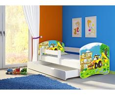 Clamaro Fantasia Motiv Kinderbett Komplett Set 140 x 70 cm inkl. Matratze, Lattenrost und Bettkasten Unterbett Schublade auf Rollen, Kantenschutzleisten umlaufend, extra Rausfallschutz Seitenteil (verstellbar), Design: 20 Bagger