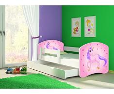 Clamaro Fantasia Weiß Motiv Kinderbett Komplett Set 160 x 80 cm inkl. Matratze, Lattenrost und Bettkasten Unterbett Schublade auf Rollen, Kantenschutzleisten umlaufend, extra Rausfallschutz Seitenteil (verstellbar), Seitenteile: