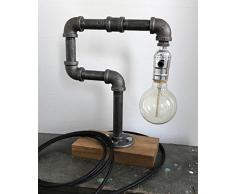 Nachttisch-, Tischlampe aus Eisenrohr mit Holzfuß im Industrial Style