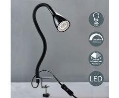 B.K.Licht I LED Klemmleuchte inkl. GU10 5W Leuchtmittel I 400lm I dimmbar in 3 Stufen I flexibler Schwanenhals mit Silkonüberzug I Leselampe für Schlafzimmer Schreibtisch Büro I Tischlampe Schwarz
