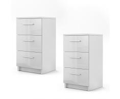 Vicco Nachtschrank Kommode Boxspringbett Nachttisch Nachtkommode Kommode Schrank - 3 Schubladen - 66cm hoch (Weiß Hochglanz Front, Paar (2er Set))